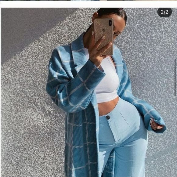 NWT ZARA PLAID COAT BLUE WHITE M BLOGGER'S FAV - Picture 3 of 11